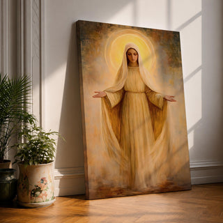 A vintage-style framed canvas depicting the Virgin Mary as Our Lady of Grace with outstretched arms and a glowing halo, rendered in warm tones with soft textures and classical religious iconography.