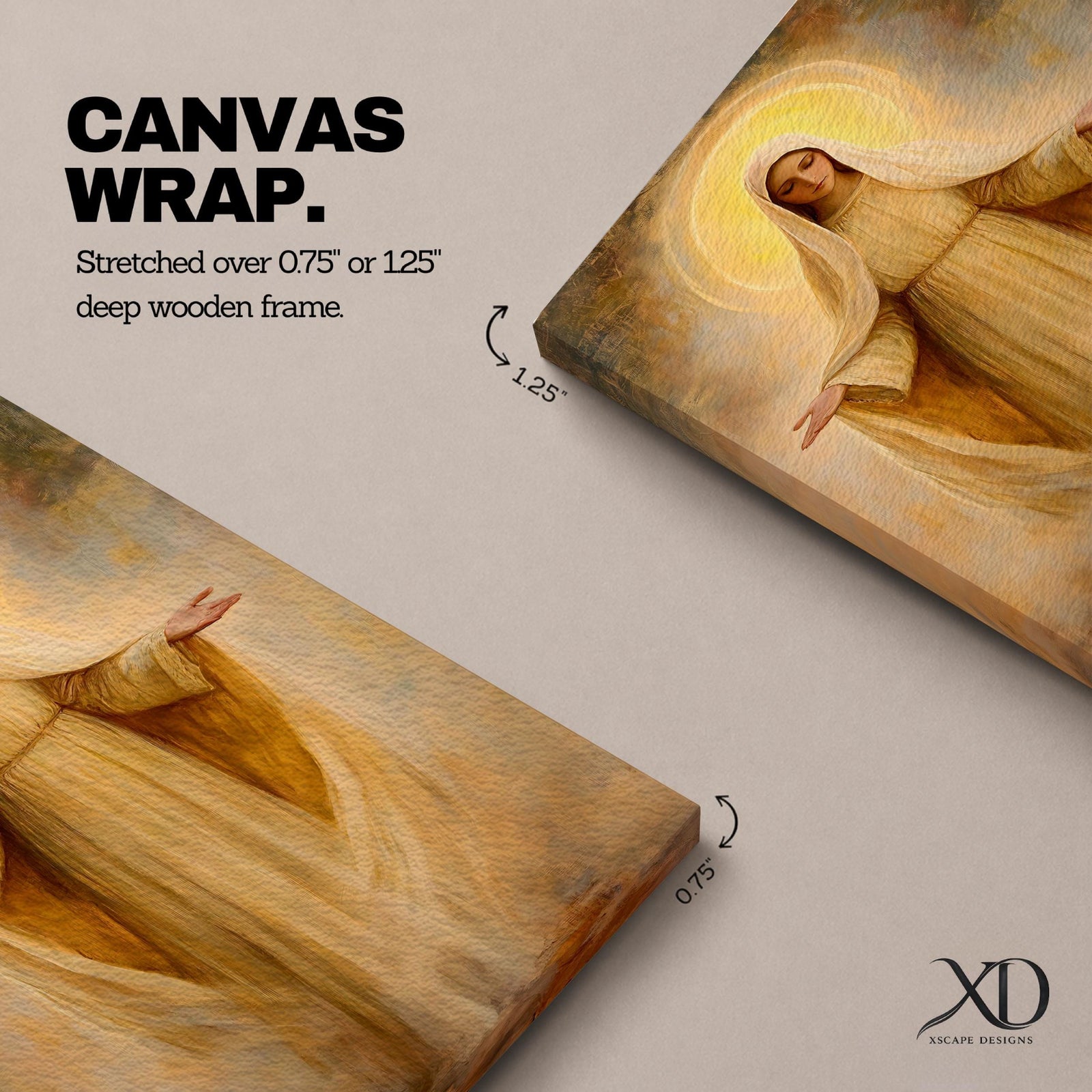 A vintage-style framed canvas depicting the Virgin Mary as Our Lady of Grace with outstretched arms and a glowing halo, rendered in warm tones with soft textures and classical religious iconography.