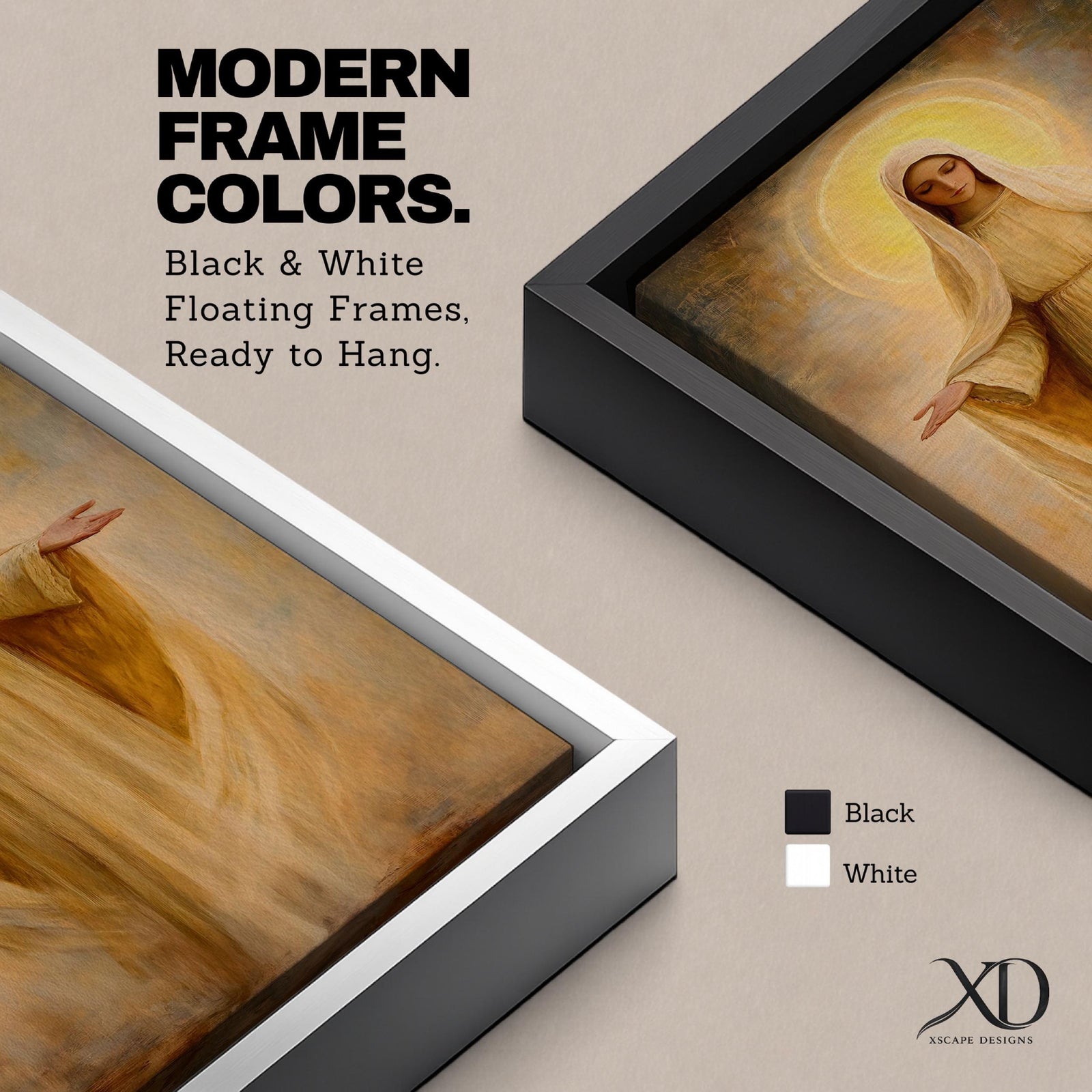 A vintage-style framed canvas depicting the Virgin Mary as Our Lady of Grace with outstretched arms and a glowing halo, rendered in warm tones with soft textures and classical religious iconography.