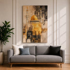 Abstract textured artwork of the Jerusalem mosque with its iconic golden dome and tall minarets emerging through layered sepia and gold tones, creating a dramatic Islamic architectural composition with vintage distressed textures.
