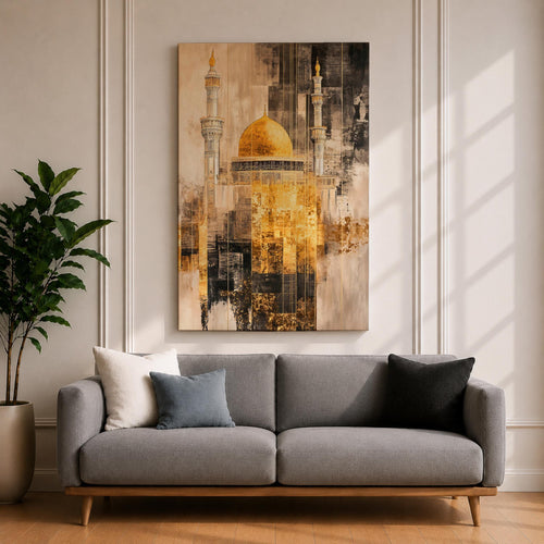 Abstract textured artwork of the Jerusalem mosque with its iconic golden dome and tall minarets emerging through layered sepia and gold tones, creating a dramatic Islamic architectural composition with vintage distressed textures.