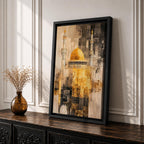 Abstract textured artwork of the Jerusalem mosque with its iconic golden dome and tall minarets emerging through layered sepia and gold tones, creating a dramatic Islamic architectural composition with vintage distressed textures.