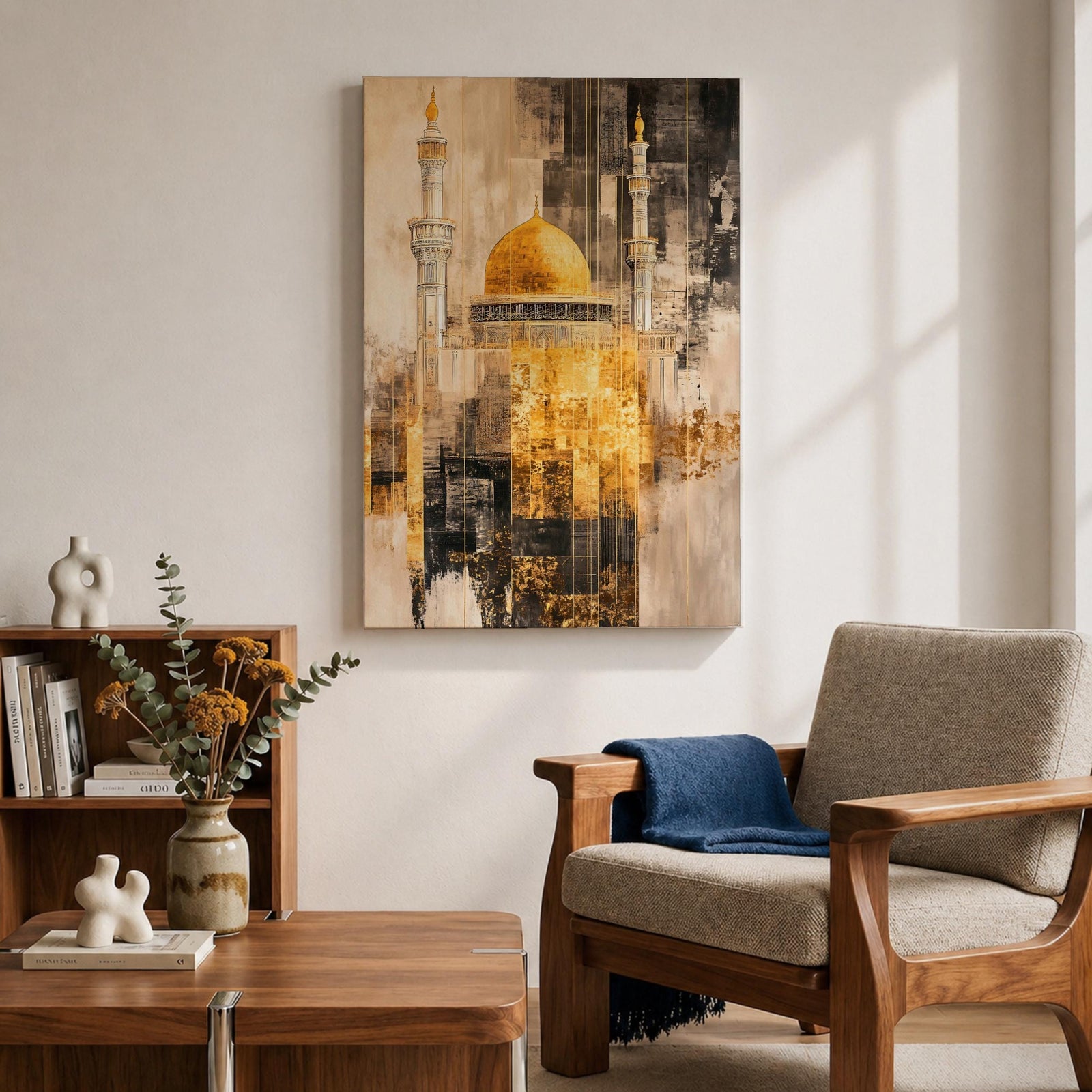 Abstract textured artwork of the Jerusalem mosque with its iconic golden dome and tall minarets emerging through layered sepia and gold tones, creating a dramatic Islamic architectural composition with vintage distressed textures.