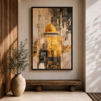 Abstract textured artwork of the Jerusalem mosque with its iconic golden dome and tall minarets emerging through layered sepia and gold tones, creating a dramatic Islamic architectural composition with vintage distressed textures.