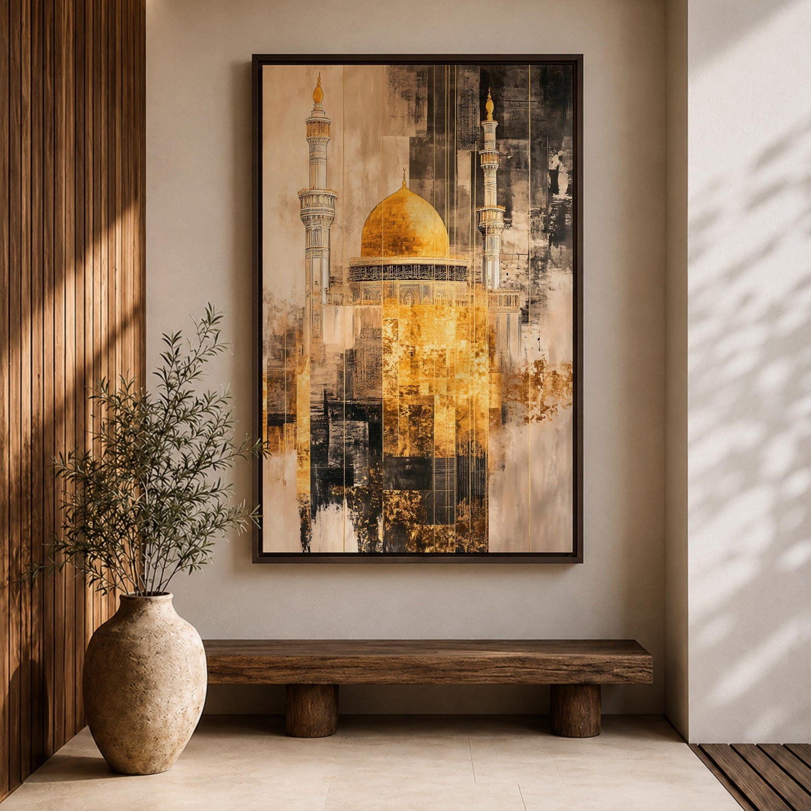 Abstract textured artwork of the Jerusalem mosque with its iconic golden dome and tall minarets emerging through layered sepia and gold tones, creating a dramatic Islamic architectural composition with vintage distressed textures.