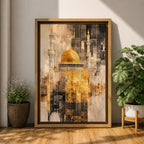 Abstract textured artwork of the Jerusalem mosque with its iconic golden dome and tall minarets emerging through layered sepia and gold tones, creating a dramatic Islamic architectural composition with vintage distressed textures.