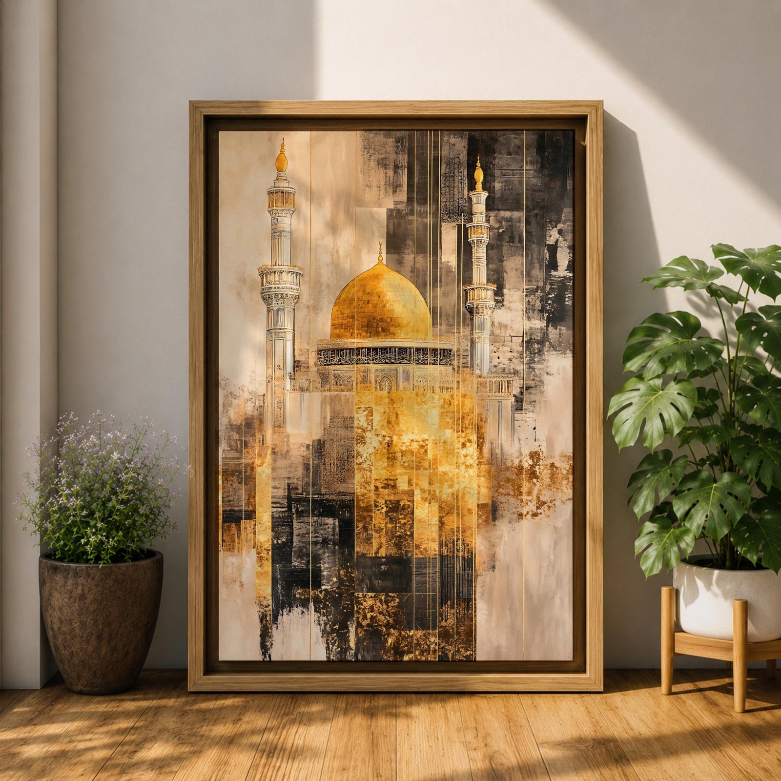 Abstract textured artwork of the Jerusalem mosque with its iconic golden dome and tall minarets emerging through layered sepia and gold tones, creating a dramatic Islamic architectural composition with vintage distressed textures.