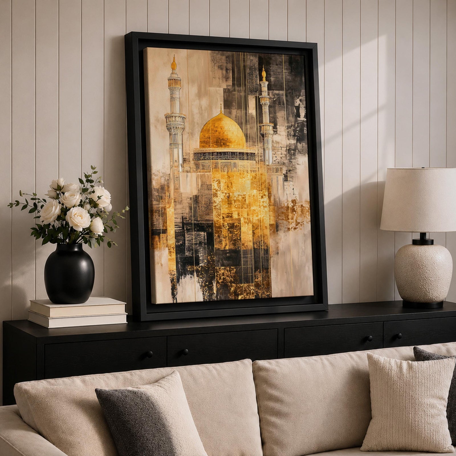 Abstract textured artwork of the Jerusalem mosque with its iconic golden dome and tall minarets emerging through layered sepia and gold tones, creating a dramatic Islamic architectural composition with vintage distressed textures.