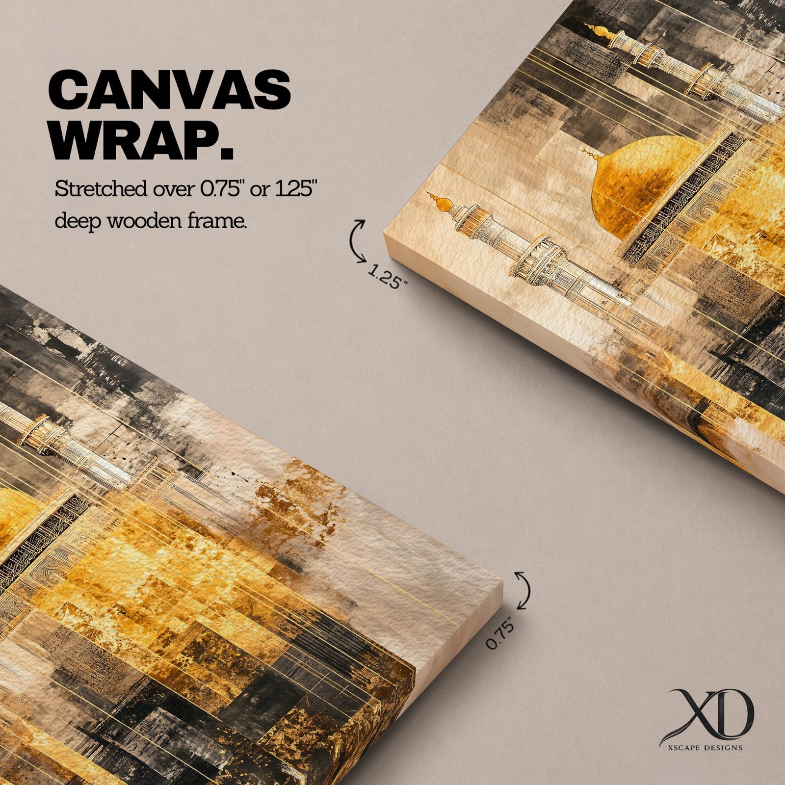 Abstract textured artwork of the Jerusalem mosque with its iconic golden dome and tall minarets emerging through layered sepia and gold tones, creating a dramatic Islamic architectural composition with vintage distressed textures.