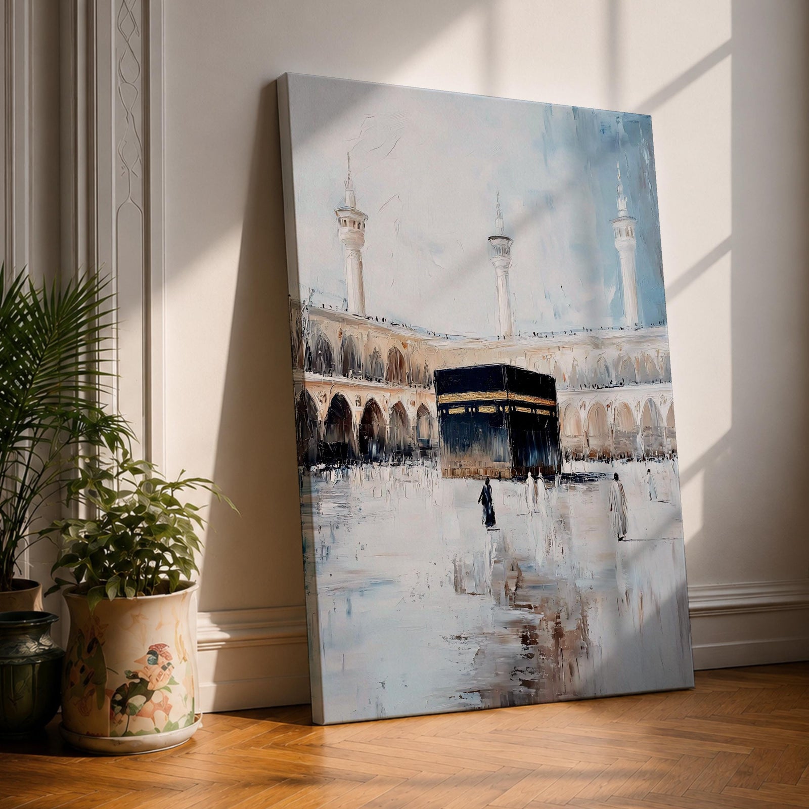Soft neutral abstract painting of the Kaaba in Masjid Al Haram with pilgrims walking across the reflective marble courtyard, surrounded by elegant mosque arches and tall minarets beneath a pale blue sky.