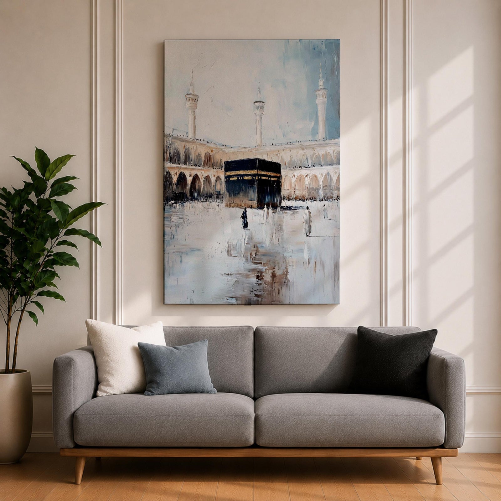 Soft neutral abstract painting of the Kaaba in Masjid Al Haram with pilgrims walking across the reflective marble courtyard, surrounded by elegant mosque arches and tall minarets beneath a pale blue sky.