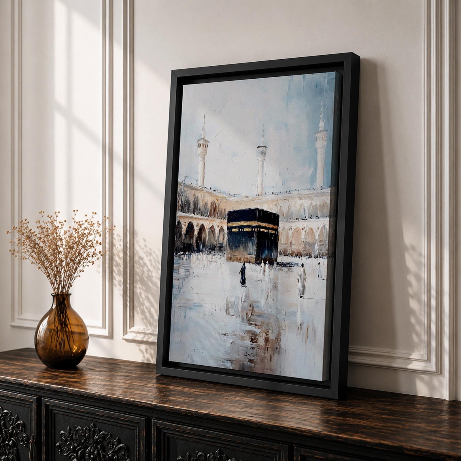 Soft neutral abstract painting of the Kaaba in Masjid Al Haram with pilgrims walking across the reflective marble courtyard, surrounded by elegant mosque arches and tall minarets beneath a pale blue sky.
