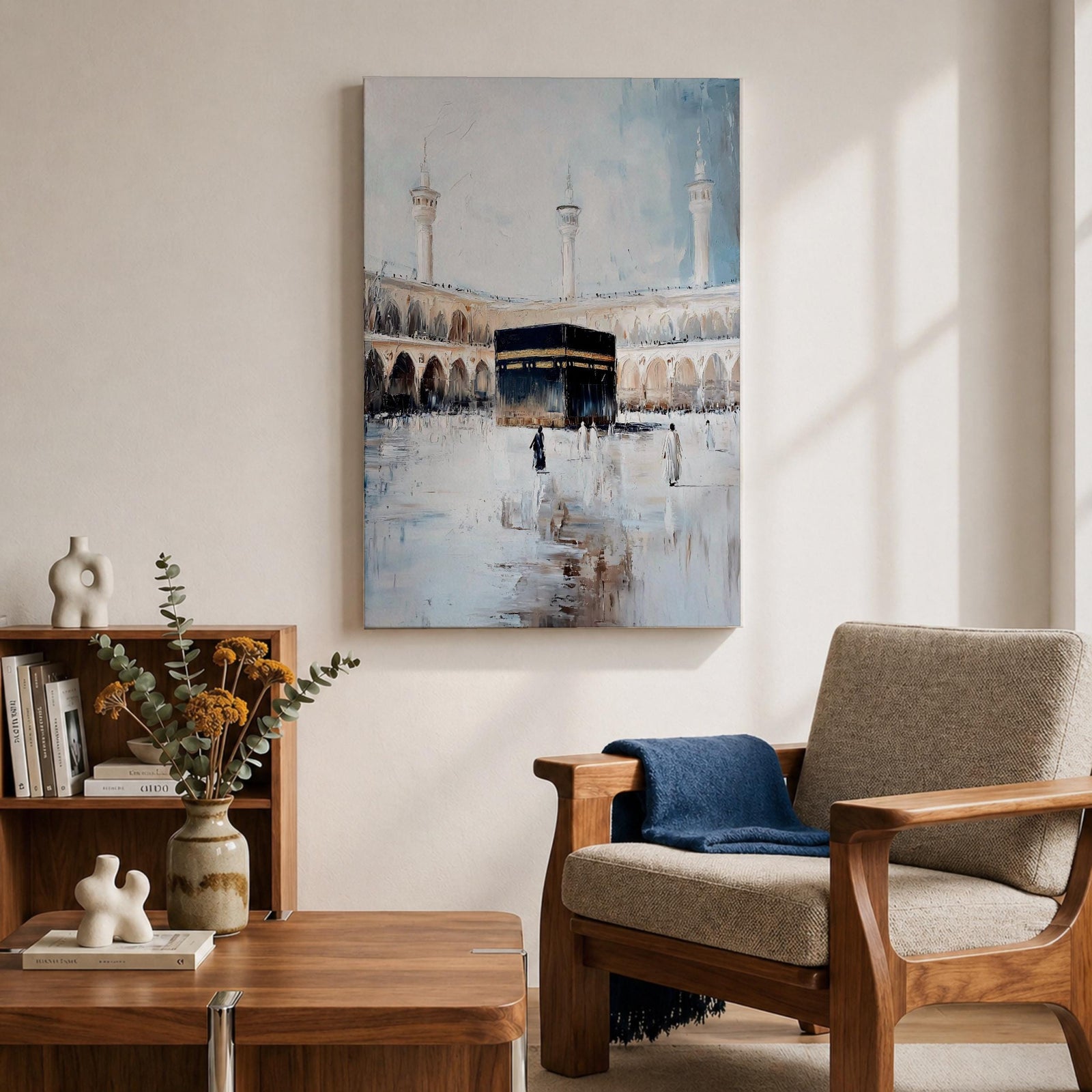 Soft neutral abstract painting of the Kaaba in Masjid Al Haram with pilgrims walking across the reflective marble courtyard, surrounded by elegant mosque arches and tall minarets beneath a pale blue sky.