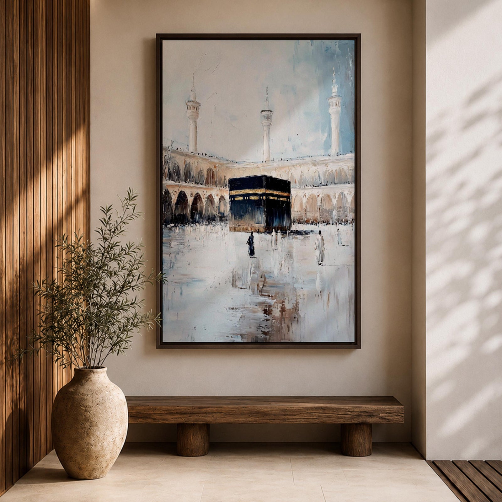 Soft neutral abstract painting of the Kaaba in Masjid Al Haram with pilgrims walking across the reflective marble courtyard, surrounded by elegant mosque arches and tall minarets beneath a pale blue sky.
