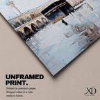 Soft neutral abstract painting of the Kaaba in Masjid Al Haram with pilgrims walking across the reflective marble courtyard, surrounded by elegant mosque arches and tall minarets beneath a pale blue sky.