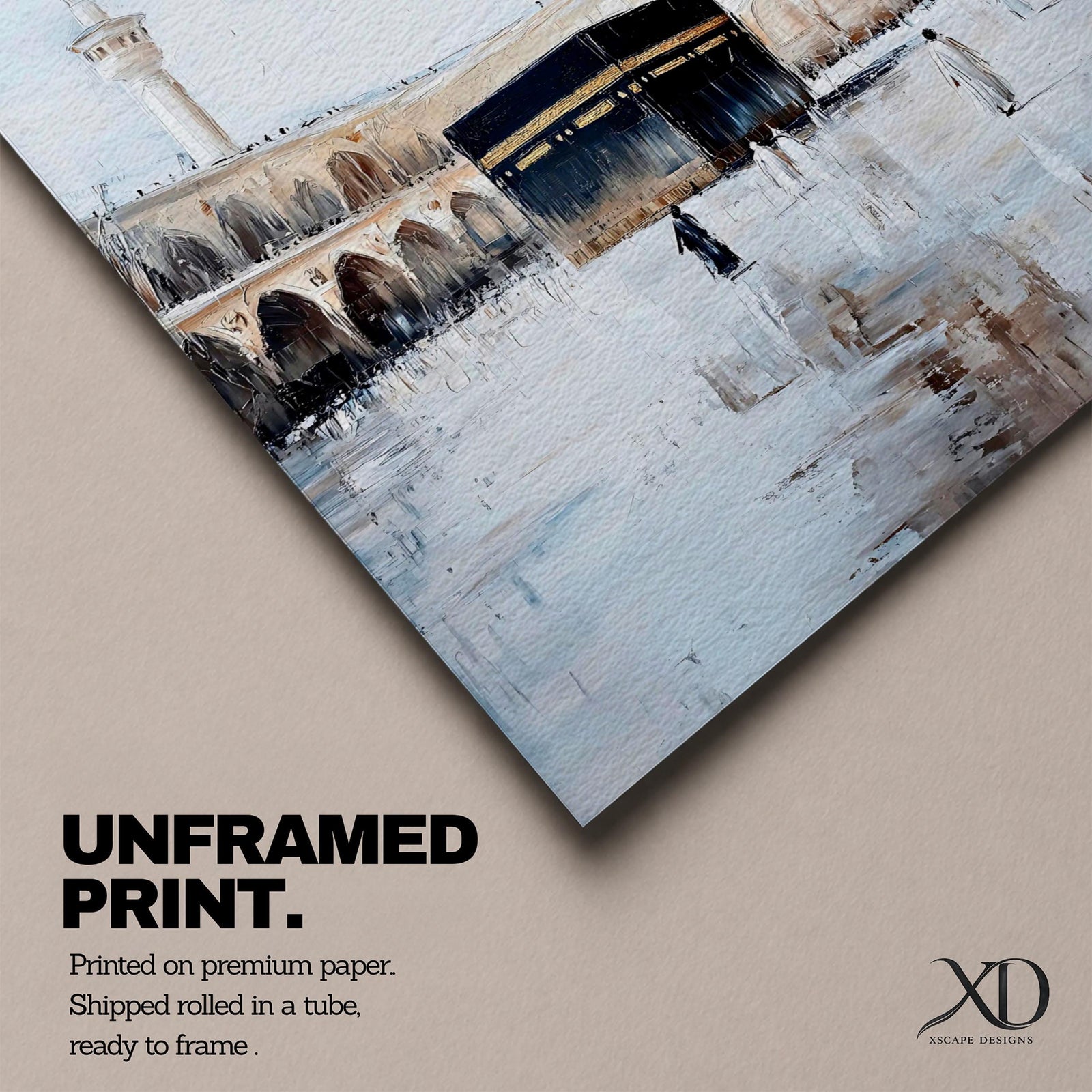 Soft neutral abstract painting of the Kaaba in Masjid Al Haram with pilgrims walking across the reflective marble courtyard, surrounded by elegant mosque arches and tall minarets beneath a pale blue sky.