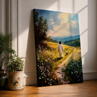 Painting of Jesus walking along a winding path through a sunlit meadow filled with wildflowers while a small lamb walks beside him, with rolling hills and soft clouds in the distance, rendered in a pastoral Christian style that reflects the biblical Good Shepherd and lost lamb theme.
