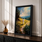Painting of Jesus walking along a winding path through a sunlit meadow filled with wildflowers while a small lamb walks beside him, with rolling hills and soft clouds in the distance, rendered in a pastoral Christian style that reflects the biblical Good Shepherd and lost lamb theme.