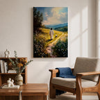 Painting of Jesus walking along a winding path through a sunlit meadow filled with wildflowers while a small lamb walks beside him, with rolling hills and soft clouds in the distance, rendered in a pastoral Christian style that reflects the biblical Good Shepherd and lost lamb theme.