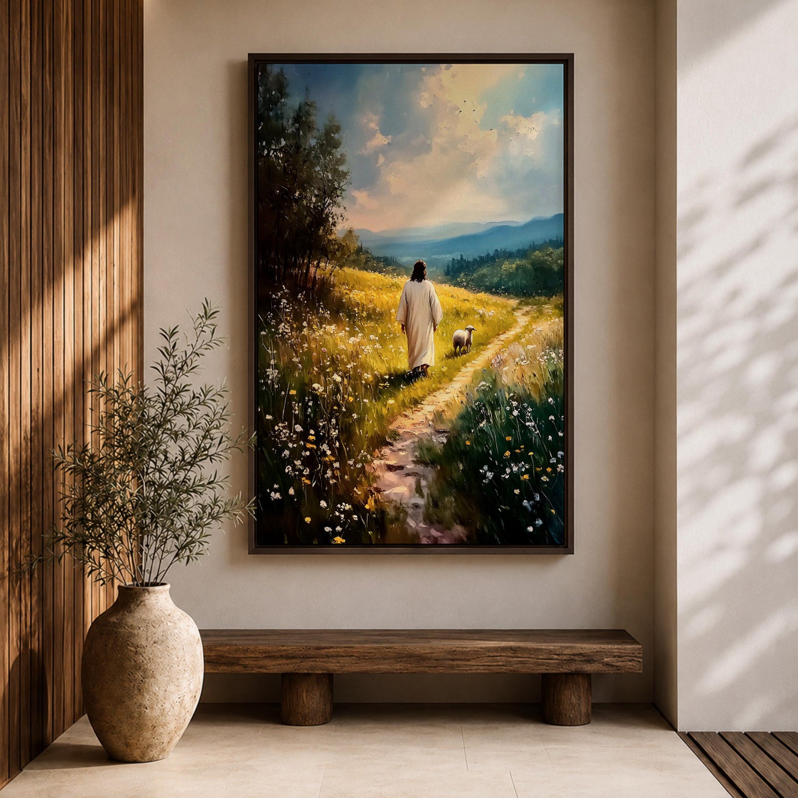Painting of Jesus walking along a winding path through a sunlit meadow filled with wildflowers while a small lamb walks beside him, with rolling hills and soft clouds in the distance, rendered in a pastoral Christian style that reflects the biblical Good Shepherd and lost lamb theme.
