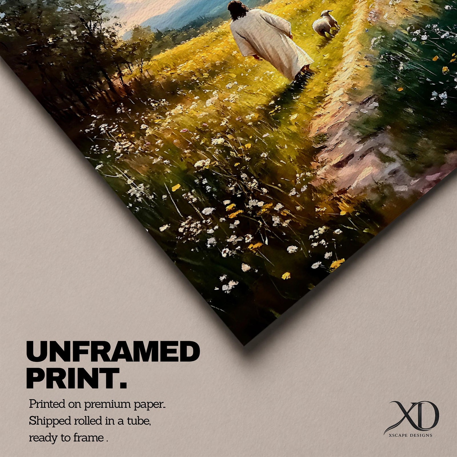 Painting of Jesus walking along a winding path through a sunlit meadow filled with wildflowers while a small lamb walks beside him, with rolling hills and soft clouds in the distance, rendered in a pastoral Christian style that reflects the biblical Good Shepherd and lost lamb theme.