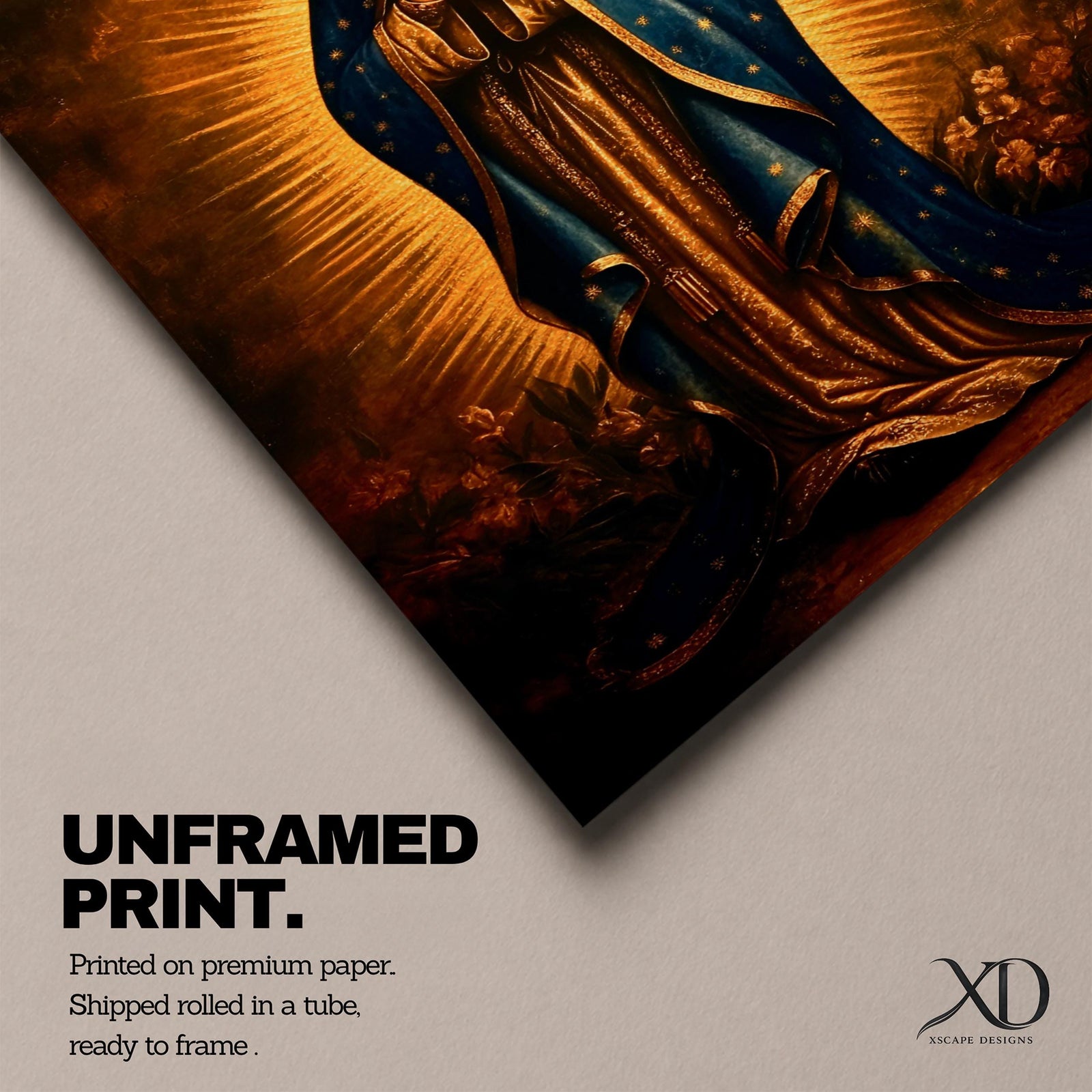 A vintage style framed canvas depicting Our Lady of Guadalupe with a radiant golden halo, wearing a blue cloak adorned with stars, standing in prayer with a serene expression. The artwork highlights traditional Mexican Catholic iconography with rich, warm tones and intricate detailing.