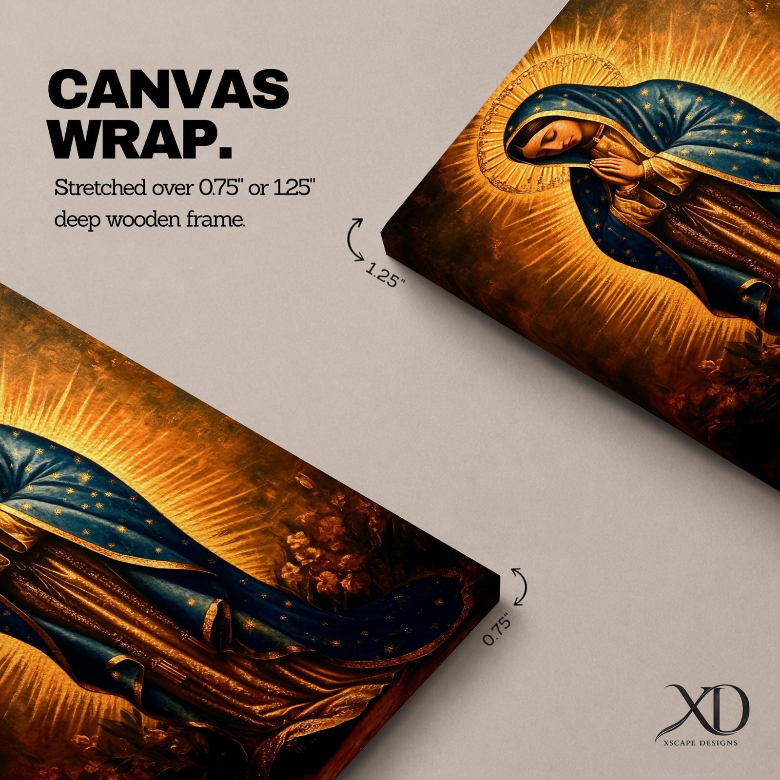 A vintage style framed canvas depicting Our Lady of Guadalupe with a radiant golden halo, wearing a blue cloak adorned with stars, standing in prayer with a serene expression. The artwork highlights traditional Mexican Catholic iconography with rich, warm tones and intricate detailing.