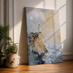 Impasto style painting of Jesus standing in prayer on the edge of a rocky seaside cliff, wearing a flowing white robe while waves crash below and soft light breaks through the clouds above, rendered with thick textured brushstrokes and a minimalist composition emphasizing a quiet devotional moment of Christ in prayer.