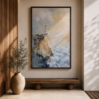 Impasto style painting of Jesus standing in prayer on the edge of a rocky seaside cliff, wearing a flowing white robe while waves crash below and soft light breaks through the clouds above, rendered with thick textured brushstrokes and a minimalist composition emphasizing a quiet devotional moment of Christ in prayer.