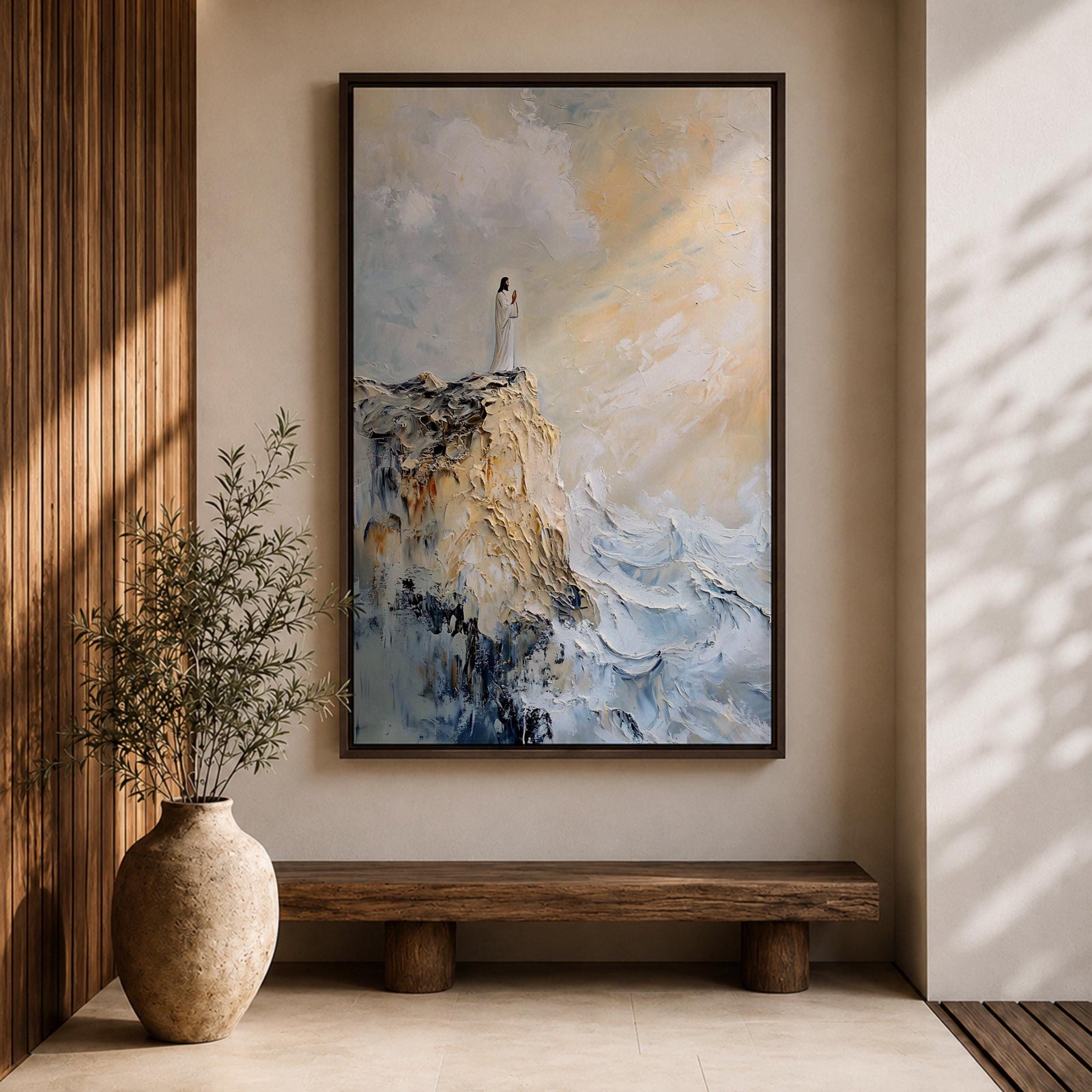 Impasto style painting of Jesus standing in prayer on the edge of a rocky seaside cliff, wearing a flowing white robe while waves crash below and soft light breaks through the clouds above, rendered with thick textured brushstrokes and a minimalist composition emphasizing a quiet devotional moment of Christ in prayer.
