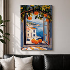 A vibrant painting of a Mediterranean orange tree branch with ripe oranges framing an open window overlooking a coastal village and blue sea, rendered in a colorful, impressionistic style capturing the lush foliage and serene seaside landscape.