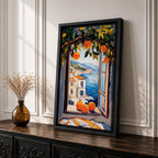 A vibrant painting of a Mediterranean orange tree branch with ripe oranges framing an open window overlooking a coastal village and blue sea, rendered in a colorful, impressionistic style capturing the lush foliage and serene seaside landscape.