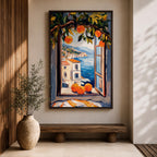 A vibrant painting of a Mediterranean orange tree branch with ripe oranges framing an open window overlooking a coastal village and blue sea, rendered in a colorful, impressionistic style capturing the lush foliage and serene seaside landscape.