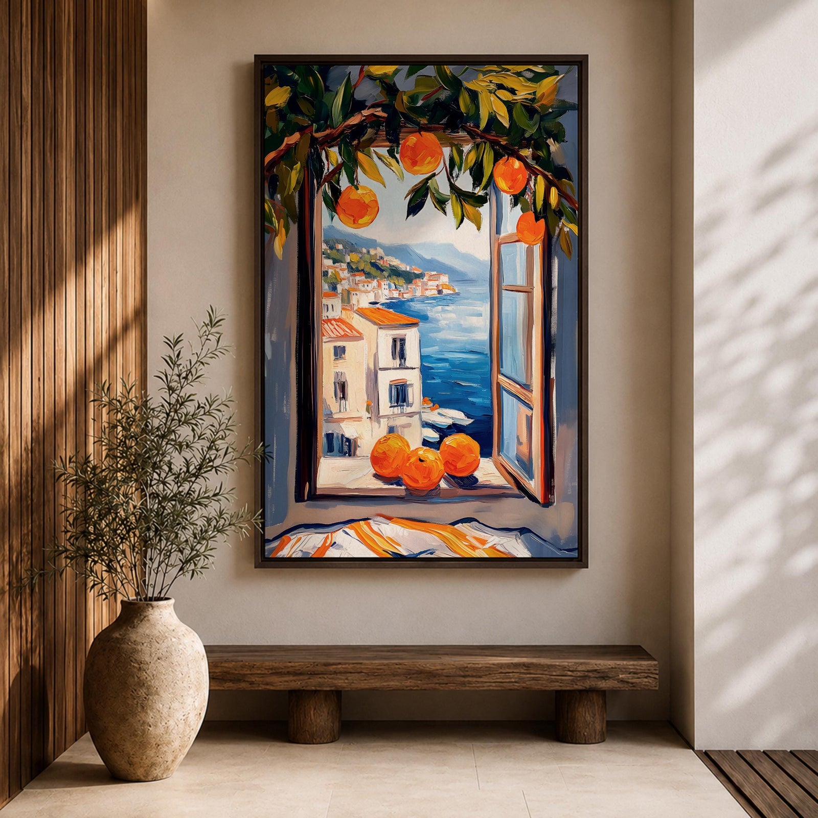 A vibrant painting of a Mediterranean orange tree branch with ripe oranges framing an open window overlooking a coastal village and blue sea, rendered in a colorful, impressionistic style capturing the lush foliage and serene seaside landscape.