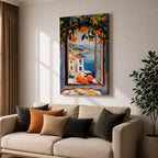 A vibrant painting of a Mediterranean orange tree branch with ripe oranges framing an open window overlooking a coastal village and blue sea, rendered in a colorful, impressionistic style capturing the lush foliage and serene seaside landscape.
