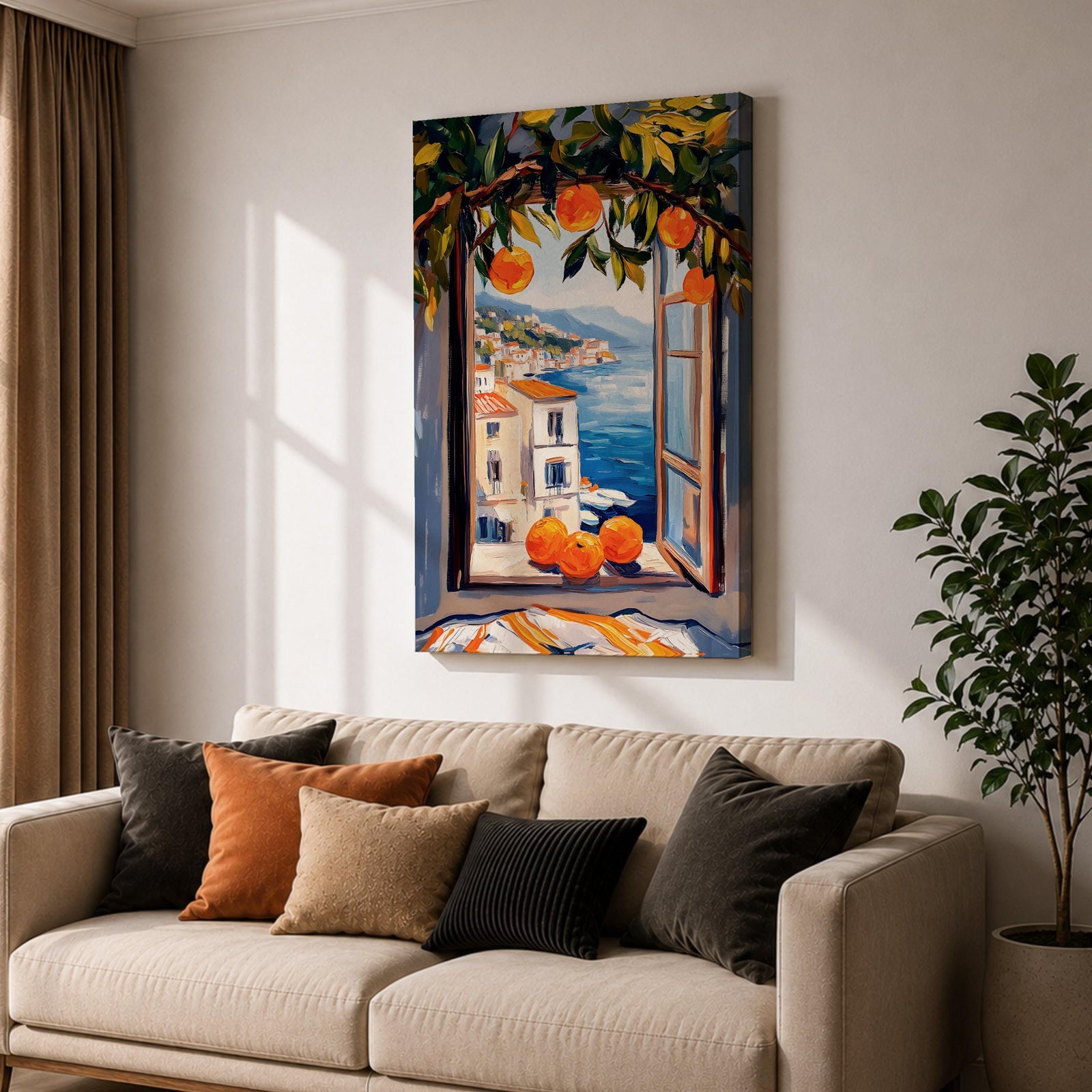 A vibrant painting of a Mediterranean orange tree branch with ripe oranges framing an open window overlooking a coastal village and blue sea, rendered in a colorful, impressionistic style capturing the lush foliage and serene seaside landscape.