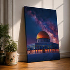 Night artwork of the Dome of the Rock in Jerusalem with its golden dome illuminated beneath a dramatic starry galaxy sky, glowing lights around the shrine and deep blue tones creating a spiritual nighttime atmosphere.
