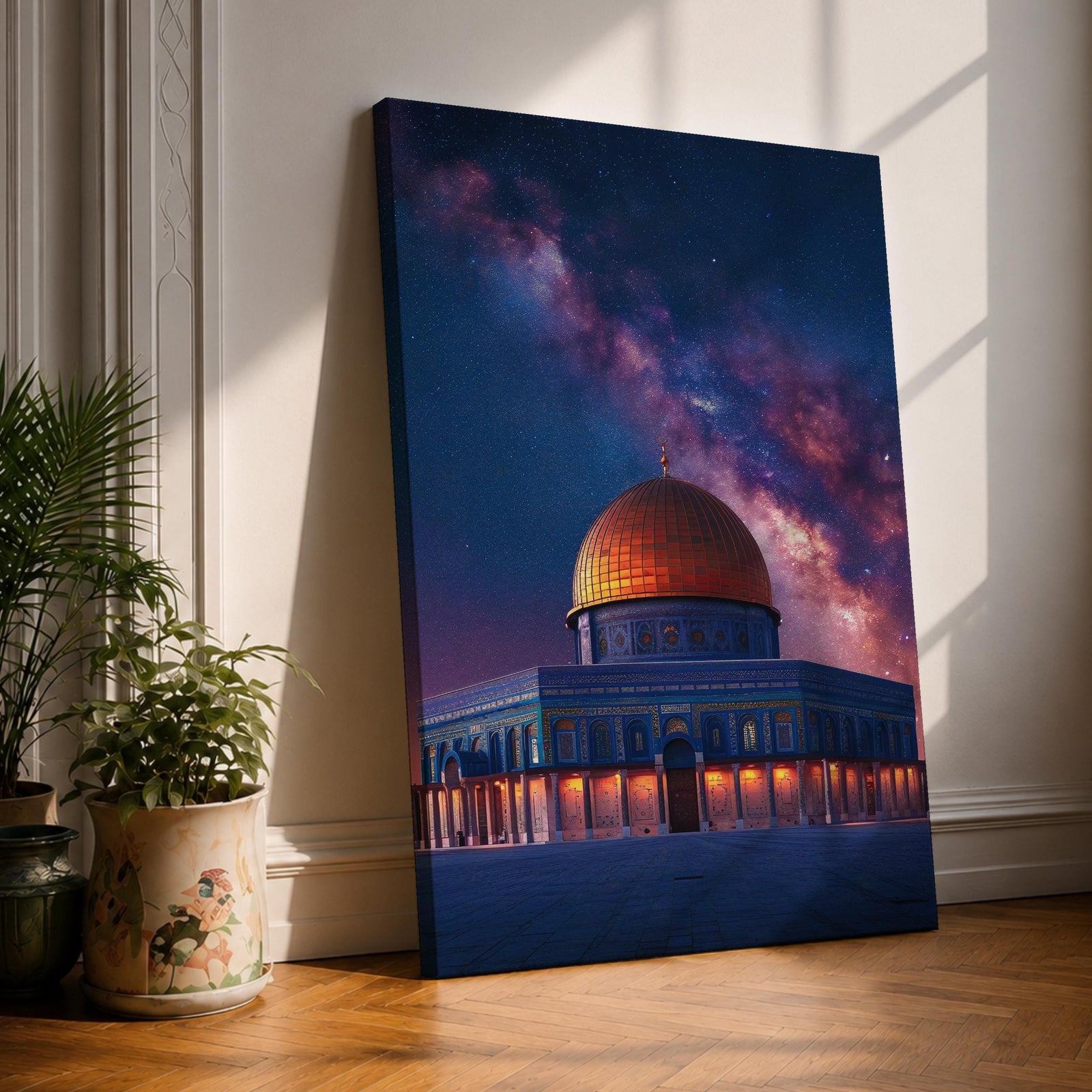 Night artwork of the Dome of the Rock in Jerusalem with its golden dome illuminated beneath a dramatic starry galaxy sky, glowing lights around the shrine and deep blue tones creating a spiritual nighttime atmosphere.