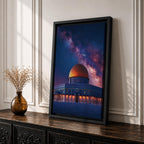 Night artwork of the Dome of the Rock in Jerusalem with its golden dome illuminated beneath a dramatic starry galaxy sky, glowing lights around the shrine and deep blue tones creating a spiritual nighttime atmosphere.
