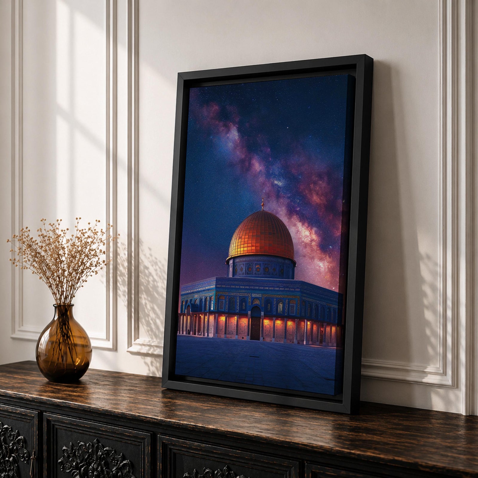 Night artwork of the Dome of the Rock in Jerusalem with its golden dome illuminated beneath a dramatic starry galaxy sky, glowing lights around the shrine and deep blue tones creating a spiritual nighttime atmosphere.