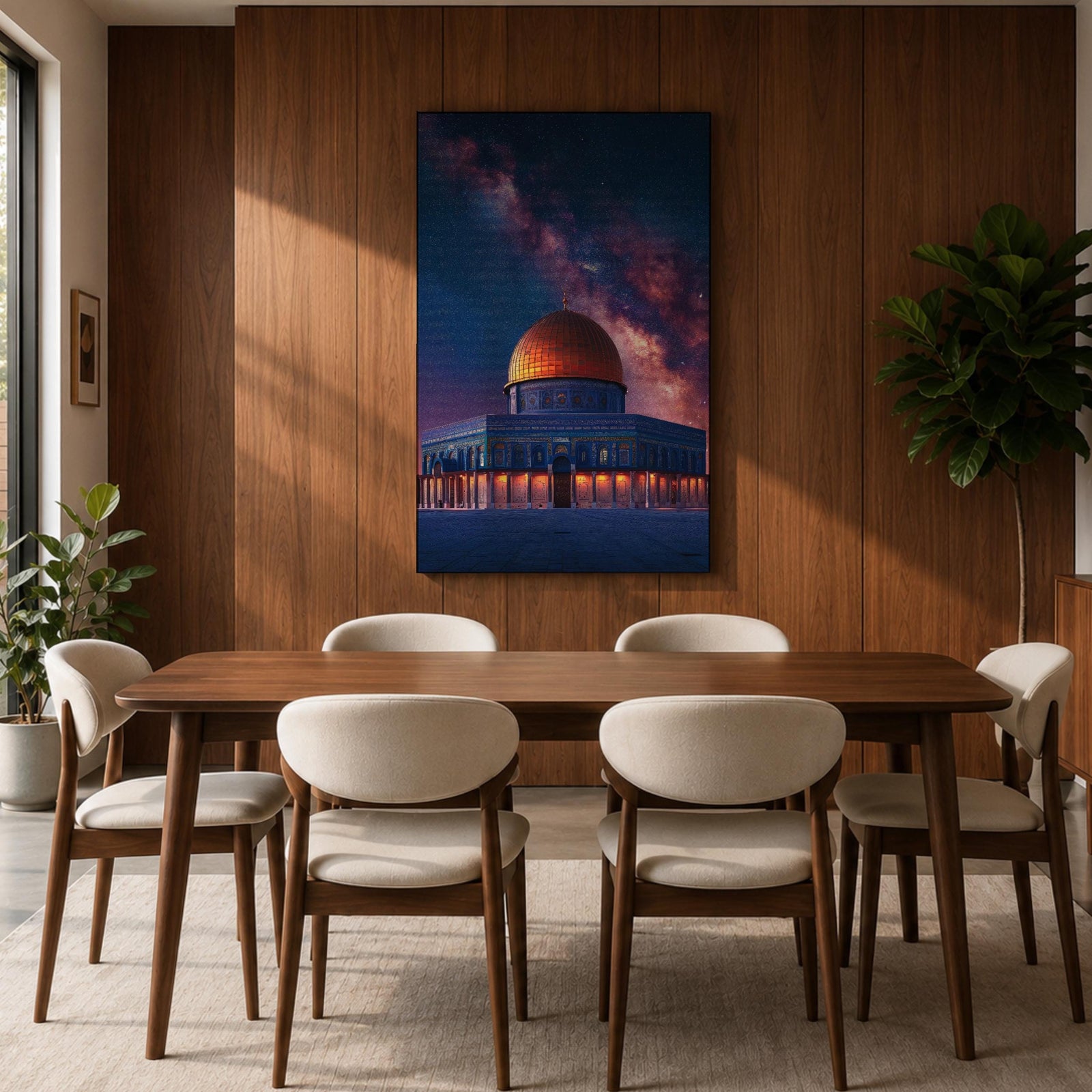 Night artwork of the Dome of the Rock in Jerusalem with its golden dome illuminated beneath a dramatic starry galaxy sky, glowing lights around the shrine and deep blue tones creating a spiritual nighttime atmosphere.