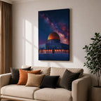 Night artwork of the Dome of the Rock in Jerusalem with its golden dome illuminated beneath a dramatic starry galaxy sky, glowing lights around the shrine and deep blue tones creating a spiritual nighttime atmosphere.