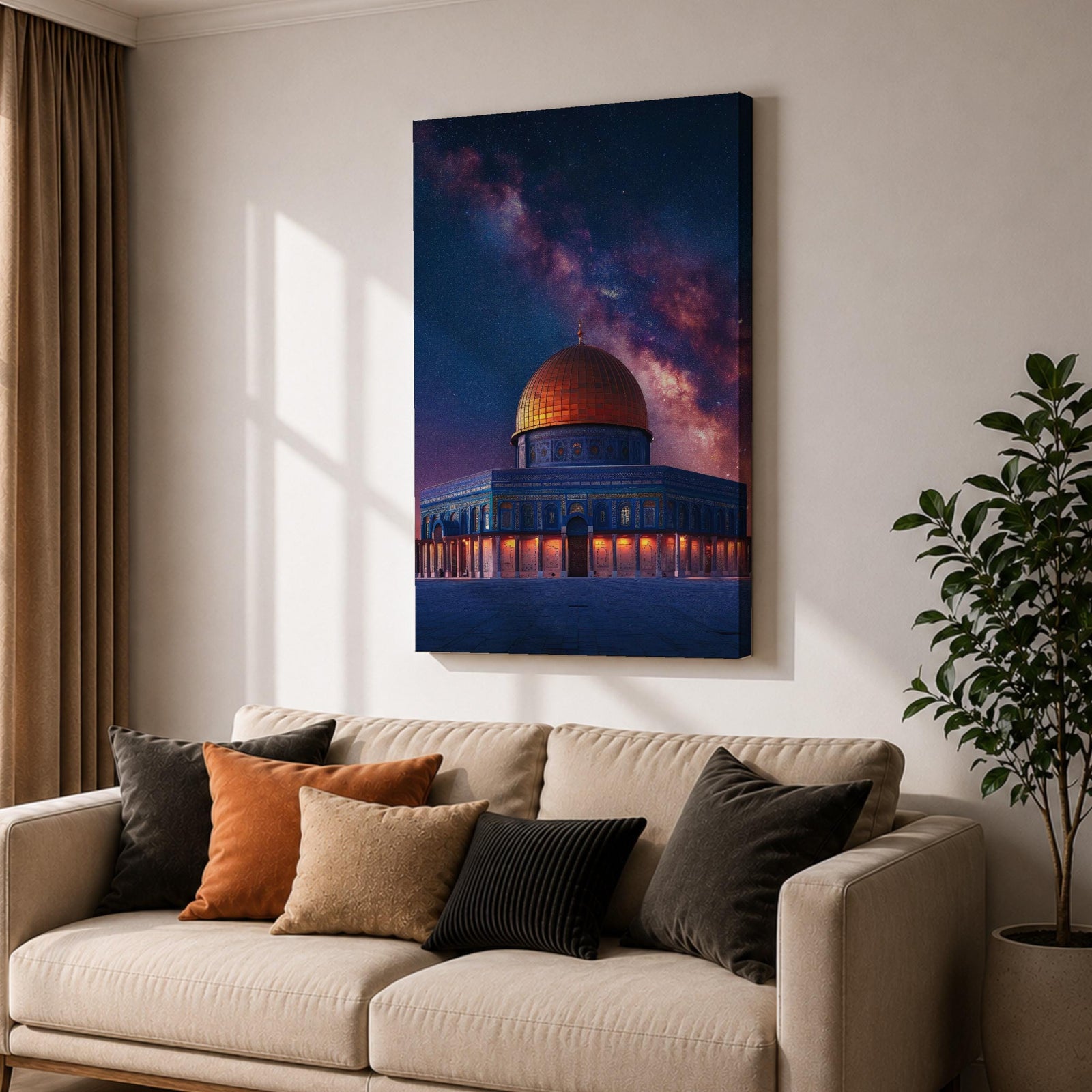 Night artwork of the Dome of the Rock in Jerusalem with its golden dome illuminated beneath a dramatic starry galaxy sky, glowing lights around the shrine and deep blue tones creating a spiritual nighttime atmosphere.
