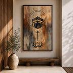 Minimalist Islamic artwork depicting the Kaaba with geometric directional lines guiding toward it to represent the Qibla prayer direction, with Arabic calligraphy reading Al-Qibla beneath the design.