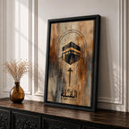 Minimalist Islamic artwork depicting the Kaaba with geometric directional lines guiding toward it to represent the Qibla prayer direction, with Arabic calligraphy reading Al-Qibla beneath the design.