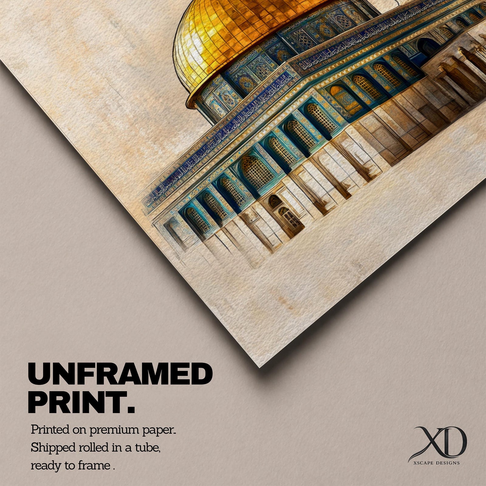 Vintage style artwork of the Dome of the Rock with its golden dome and blue tile architecture, featuring Arabic calligraphy reading “Palestine” above the shrine in warm textured tones.