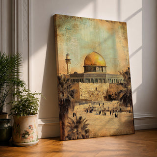 Vintage style artwork of Masjid Al Aqsa in Jerusalem featuring the iconic golden dome rising above historic stone walls with visitors walking across the sacred courtyard in warm aged tones.