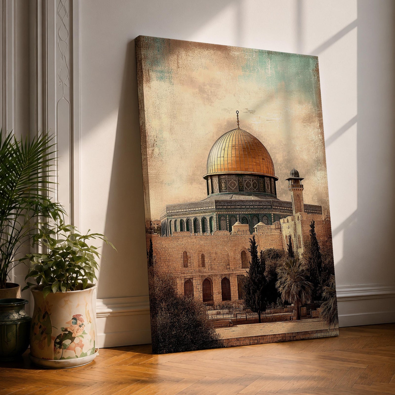 Vintage style artwork of Masjid Al Aqsa in Jerusalem featuring the iconic golden dome above historic stone walls and courtyard architecture beneath a dramatic cloudy sky.