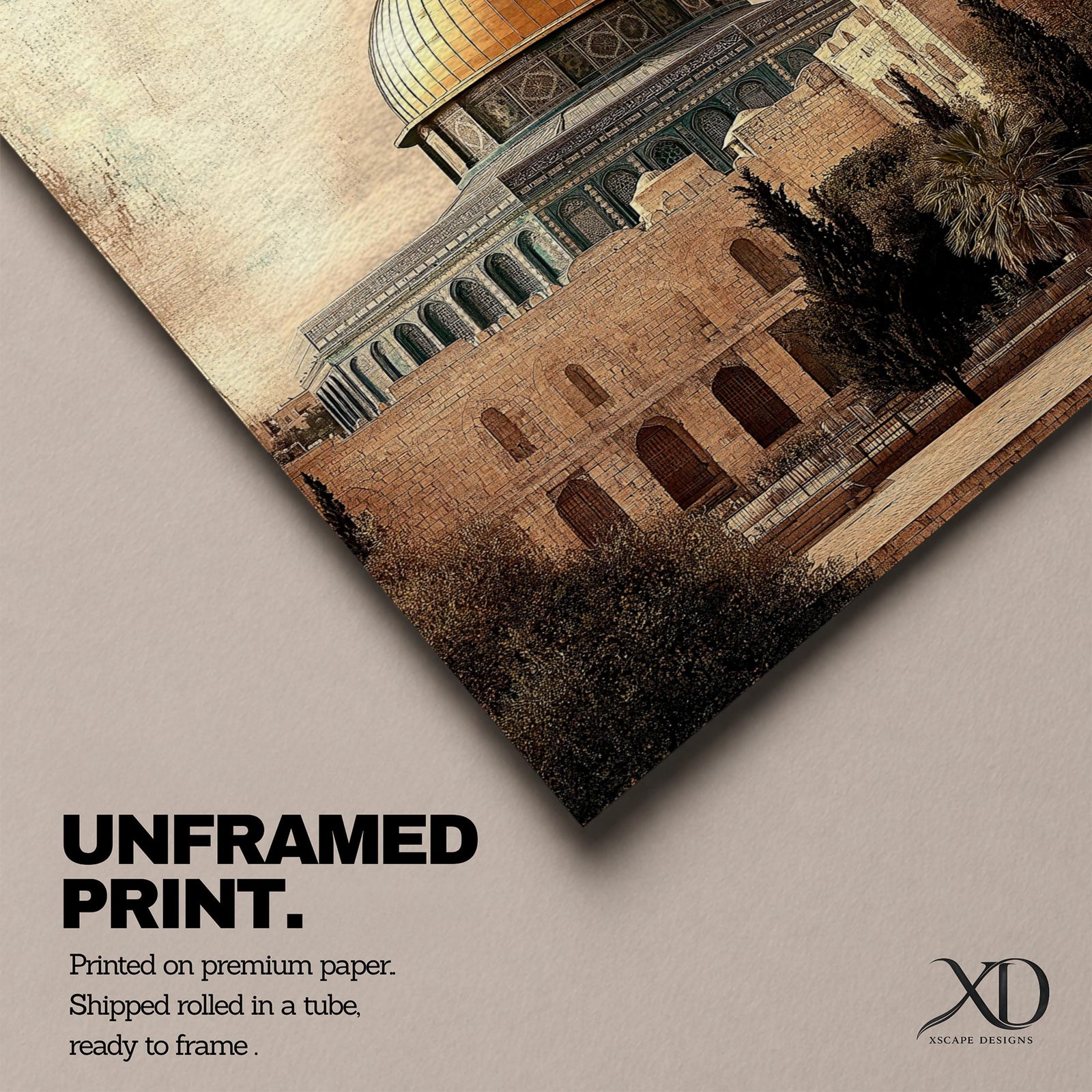 Vintage style artwork of Masjid Al Aqsa in Jerusalem featuring the iconic golden dome above historic stone walls and courtyard architecture beneath a dramatic cloudy sky.