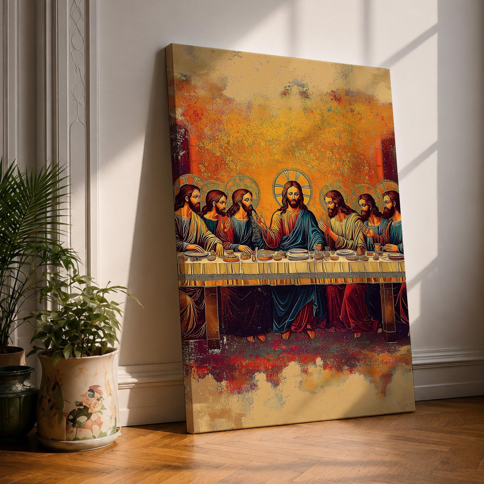 A vintage-style depiction of the Last Supper in Byzantine art form showing Jesus Christ and his twelve apostles seated at a long table with halos, rendered in rich colors and detailed iconographic style typical of Christian religious art.